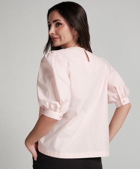 Pleated Short Sleeve Cotton Pink Top