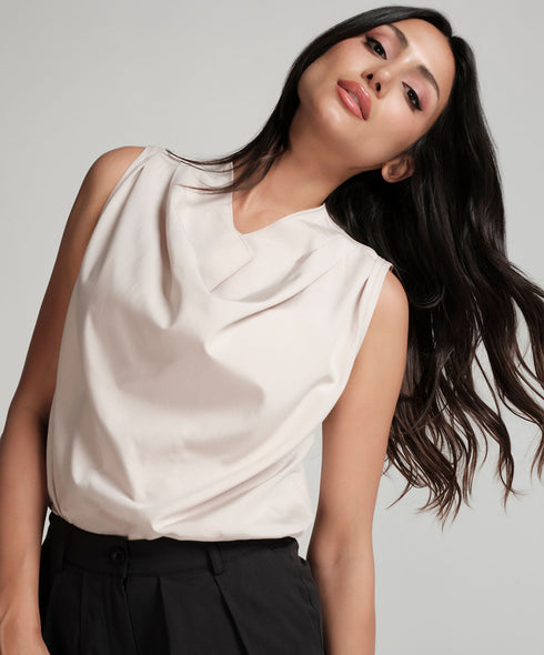 Grey Cowl Neck Top With Shoulder Pleats