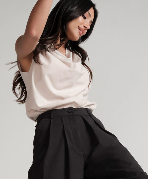 Grey Cowl Neck Top With Shoulder Pleats