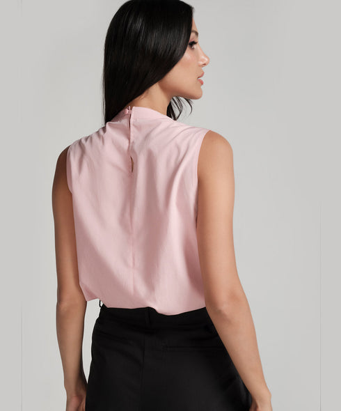 Pink Cowl Neck Top With Shoulder Pleats