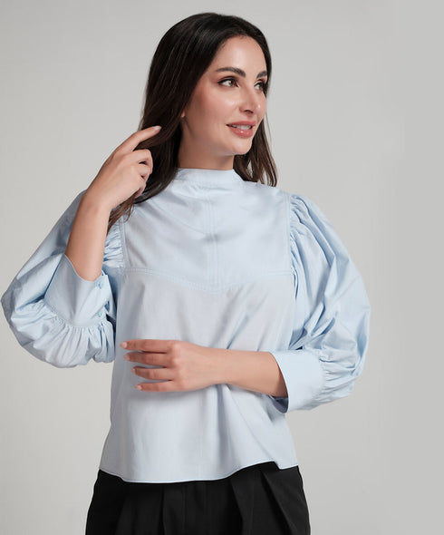 High Neck Sleeve Side Gathered Blue Top