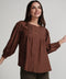 Front Pintucked Round Neck Brown Top