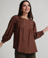 Front Pintucked Round Neck Brown Top