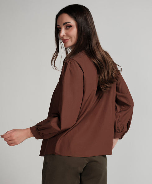 Front Pintucked Round Neck Brown Top