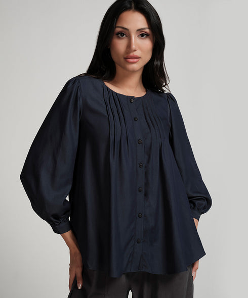 Front Pintucked Round Neck Blue Top