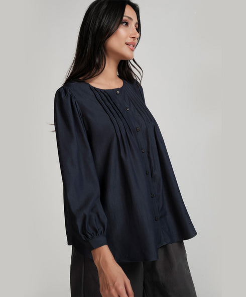 Front Pintucked Round Neck Blue Top