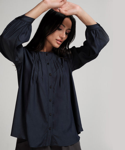 Front Pintucked Round Neck Blue Top