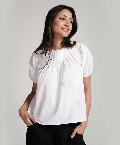 Raglan Sleeve Pintucked Sleeve Puffed White Top
