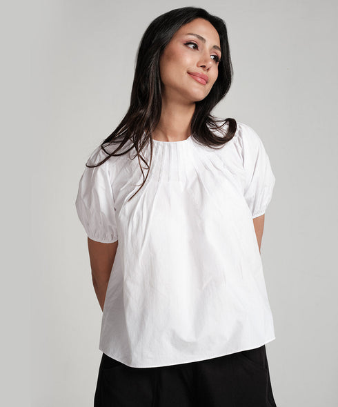 Raglan Sleeve Pintucked Sleeve Puffed White Top