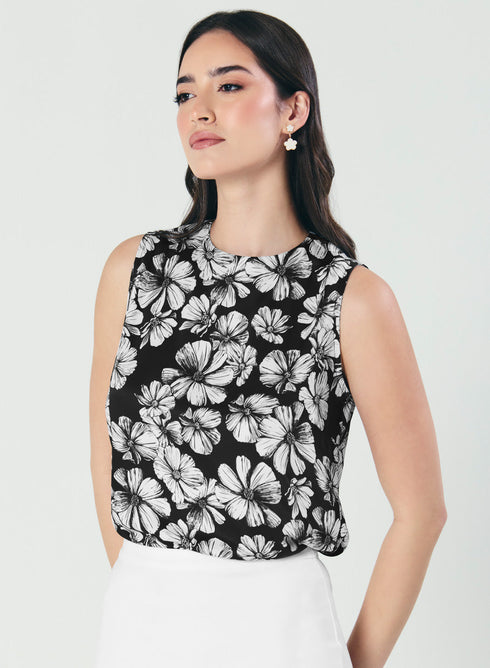 Sleeveless Printed Black & White Shirt