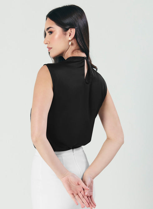 Pleated Cowl Satin Sleeveless Black Top