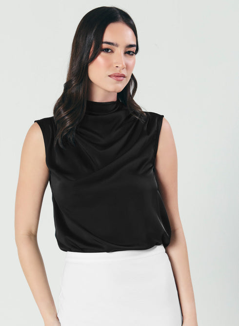 Pleated Cowl Satin Sleeveless Black Top
