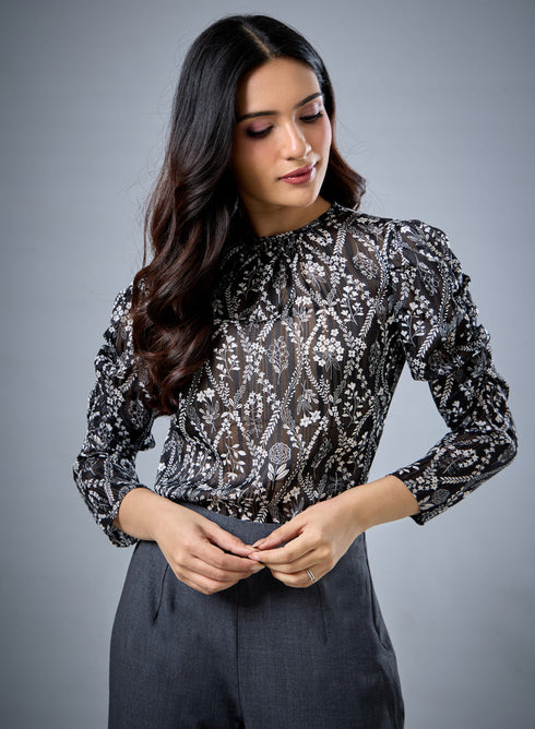 Long Sleeve Gathered Printed Top