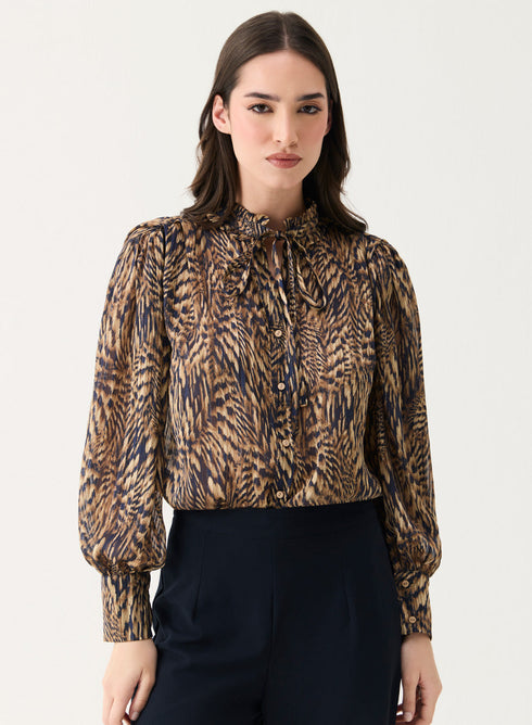 Long Sleeve Printed Frilled Collared Top