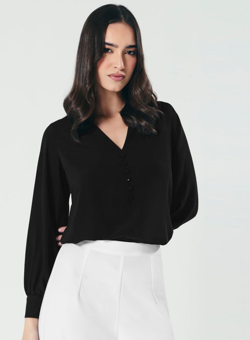 Slender V Neck Black Chiffon Top