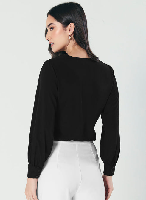 Slender V Neck Black Chiffon Top