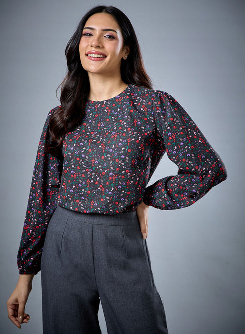 Long Sleeve Round Neck Printed Top