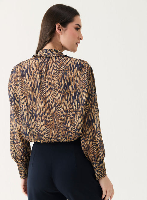Long Sleeve Printed Frilled Collared Top