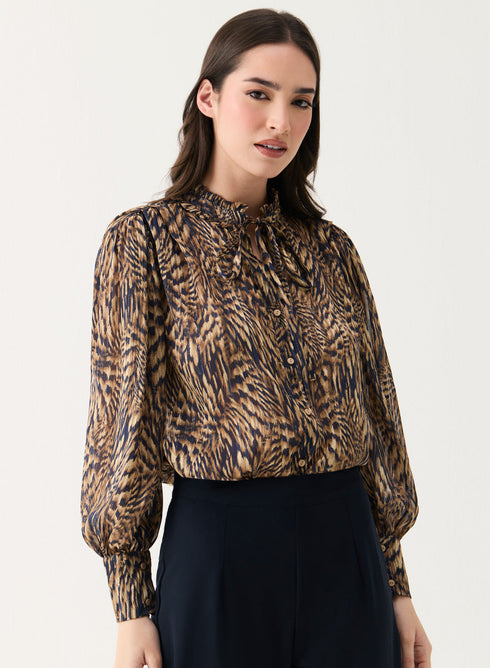 Long Sleeve Printed Frilled Collared Top