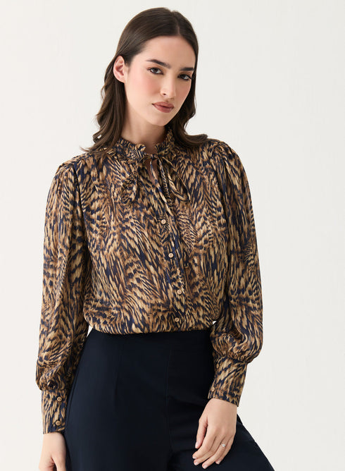 Long Sleeve Printed Frilled Collared Top