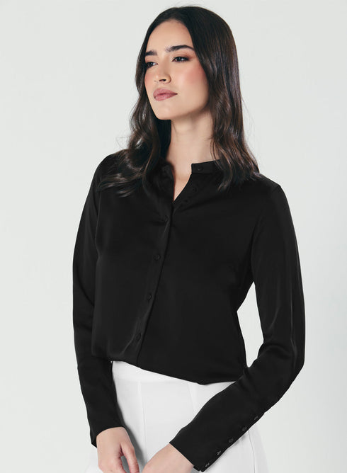 Cuff Detailed Elegant Black Satin Shirt