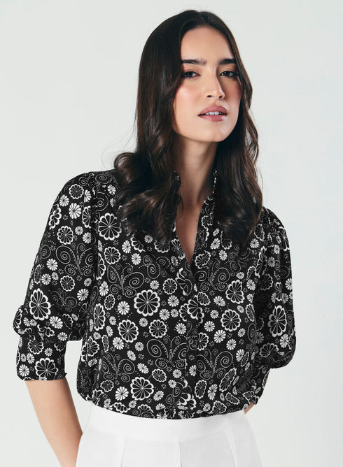 Printed Black White Three Quarter Top