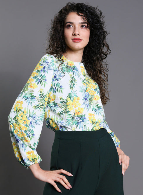 Yellow Floral Elastic Sleeve Top