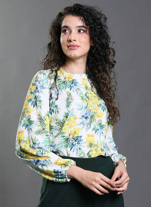 Yellow Floral Elastic Sleeve Top