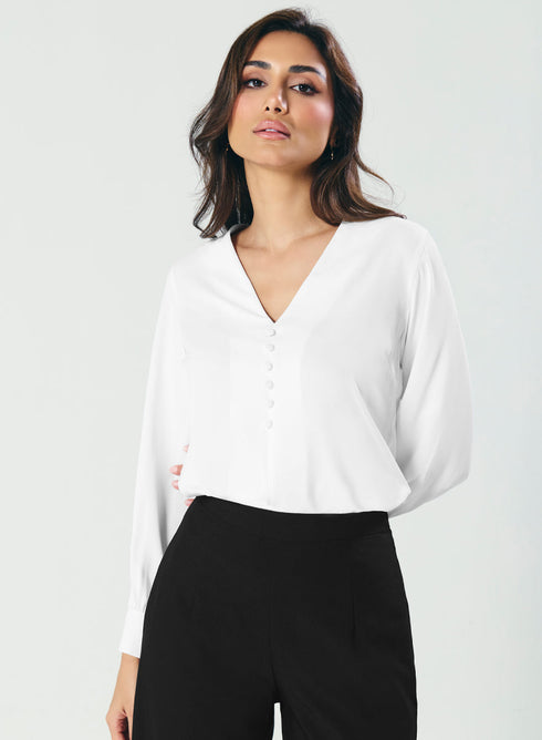 Slender V Neck Off White Chiffon Top