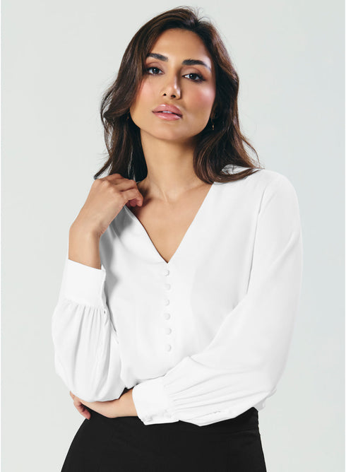 Slender V Neck Off White Chiffon Top