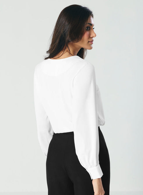 Slender V Neck Off White Chiffon Top