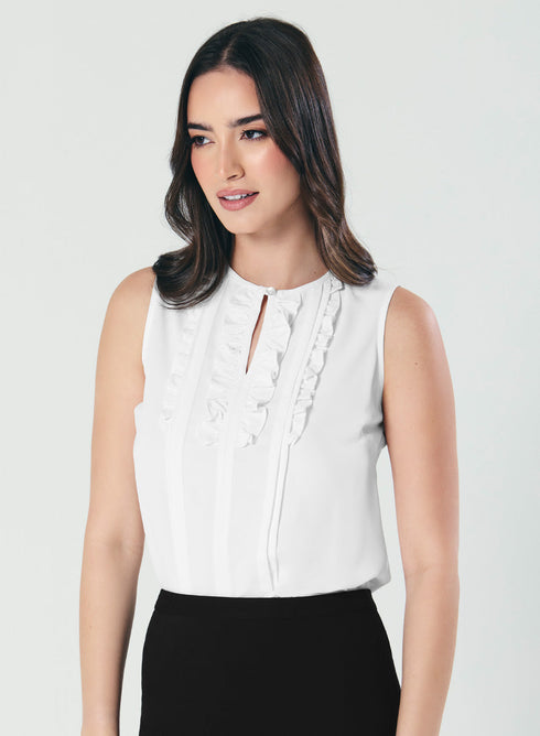 Frill And Pintuck Detailed Off-White Top