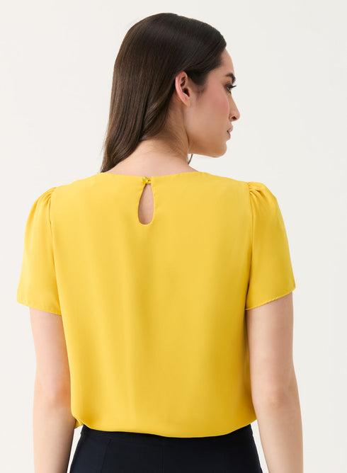 Yellow Short Sleeve Chiffon Neck Top
