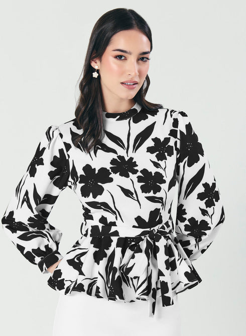 Black And White Floral Peplum Top