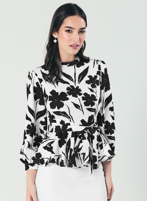 Black And White Floral Peplum Top