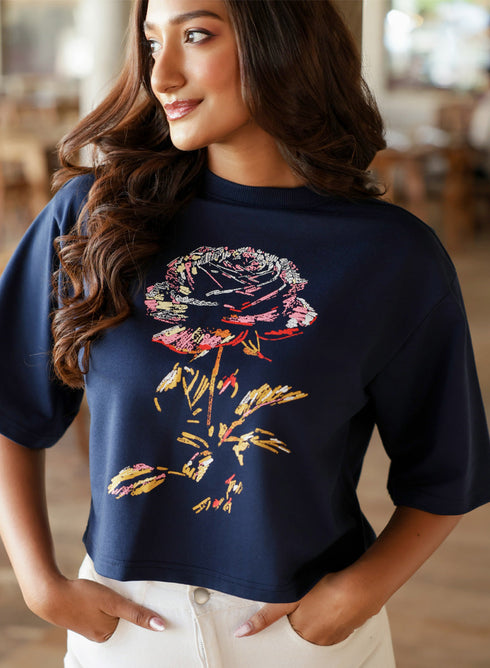 Rose Printed Navy Blue Crop Top