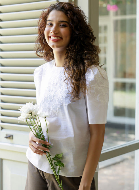 Bold Floral Embroidered Cotton White Top