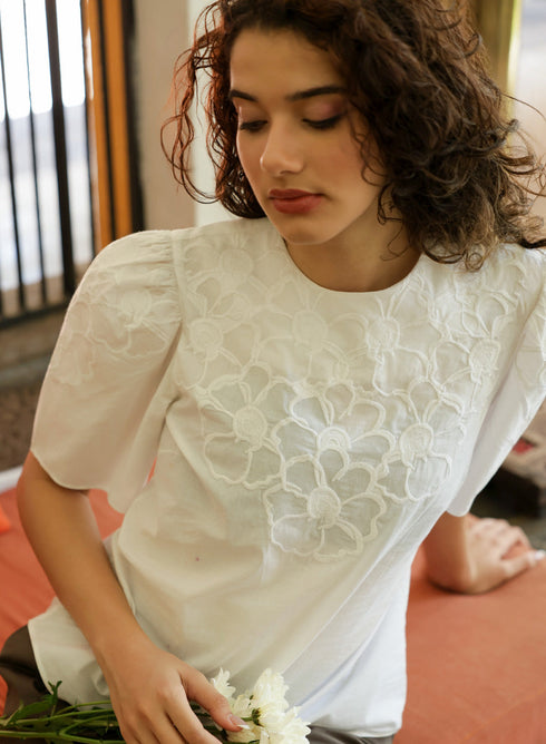Bold Floral Embroidered Cotton White Top