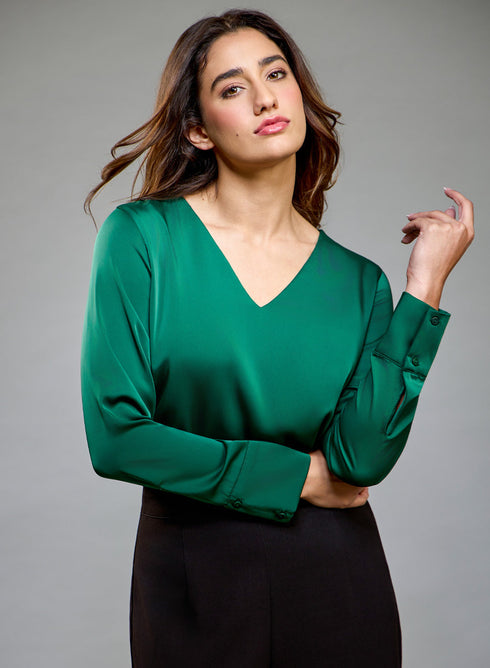 Satin Deep VNeck Dark green Top