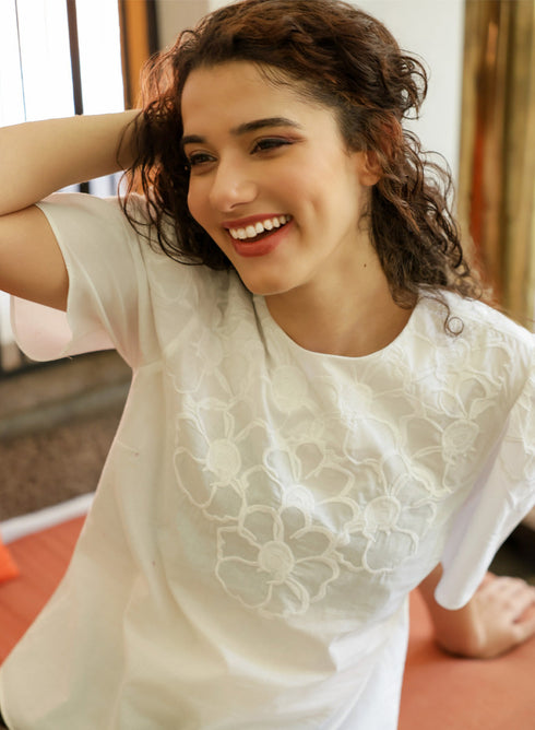 Bold Floral Embroidered Cotton White Top