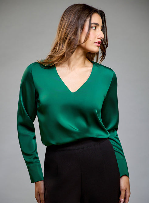 Satin Deep VNeck Dark green Top