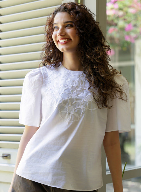 Bold Floral Embroidered Cotton White Top