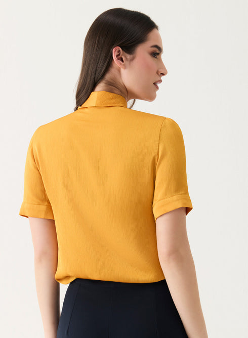 Short Sleeve Neck-Tie Shirt Top -Mustard