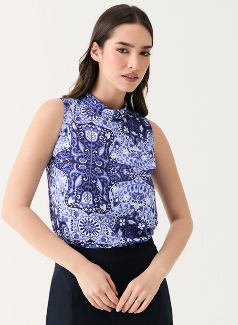 Printed Sleeveless Turn-Up Neck Top