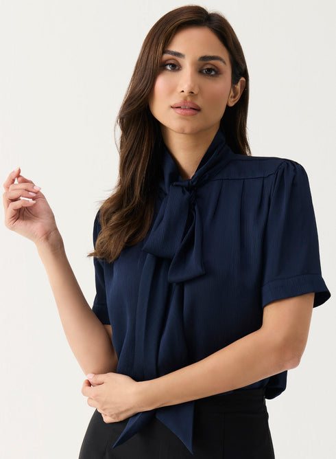 Navy Blue Short Sleeve Neck-Tie Top