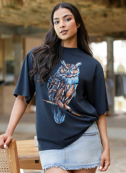 Owl Printed Trendy Oversized T-Shirt
