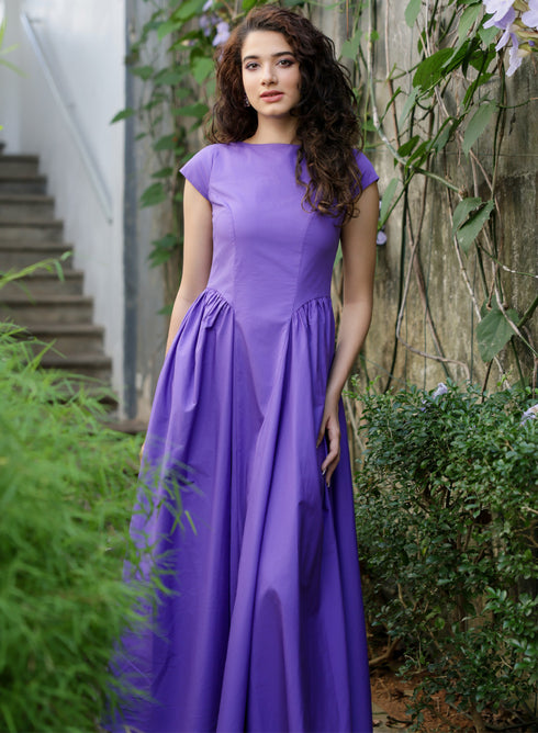 Side Gathered-Sleeve Extended Cotton Purple Dress