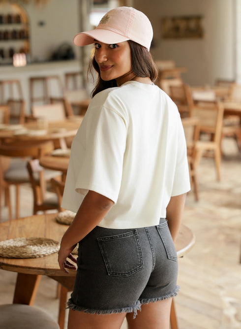 Oversized Crop Style Off White T-Shirt