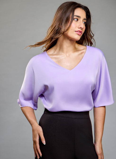 VNeck Flared Sleeve Lavender Satin Top