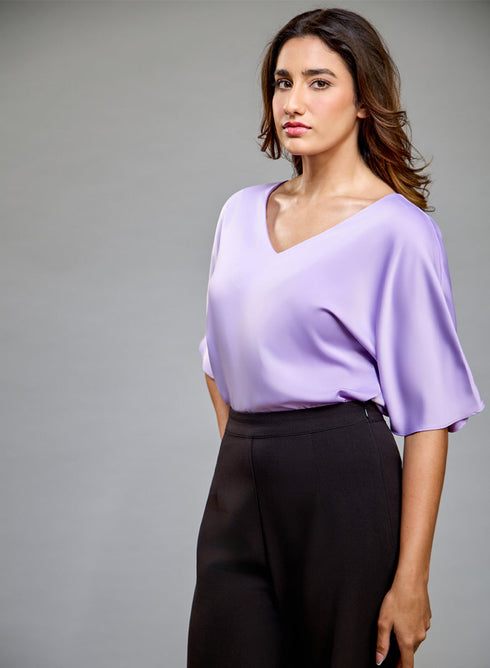 VNeck Flared Sleeve Lavender Satin Top